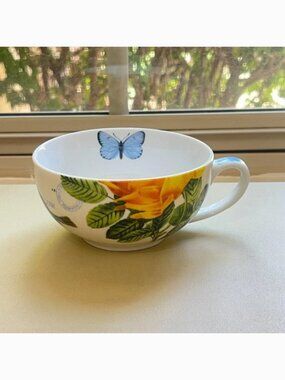 New Fringe Studio Mug Cup Yellow Rose Blue Butterfly Bird Barnes & Noble